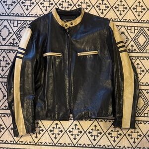 Hilfiger Black Leather Bomber Jacket with Cream Sleeve Stripes